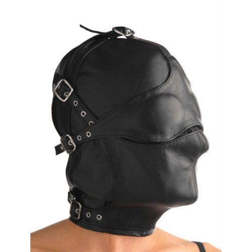 Asylum Leather Hood with Removable Blindfold and Muzzle - Hoods