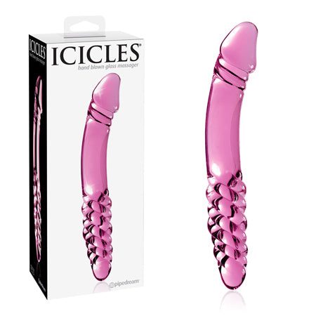 Pipedream Icicles No. 57 Curved Textured 9 in. Dual-Ended Glass Dildo Pink - Dildo Play