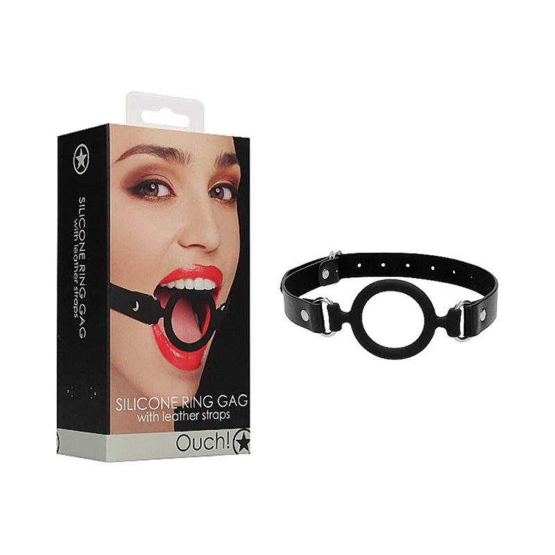 Ouch! Adjustable Silicone Ring Gag With Leather Straps Black - Bondage Play